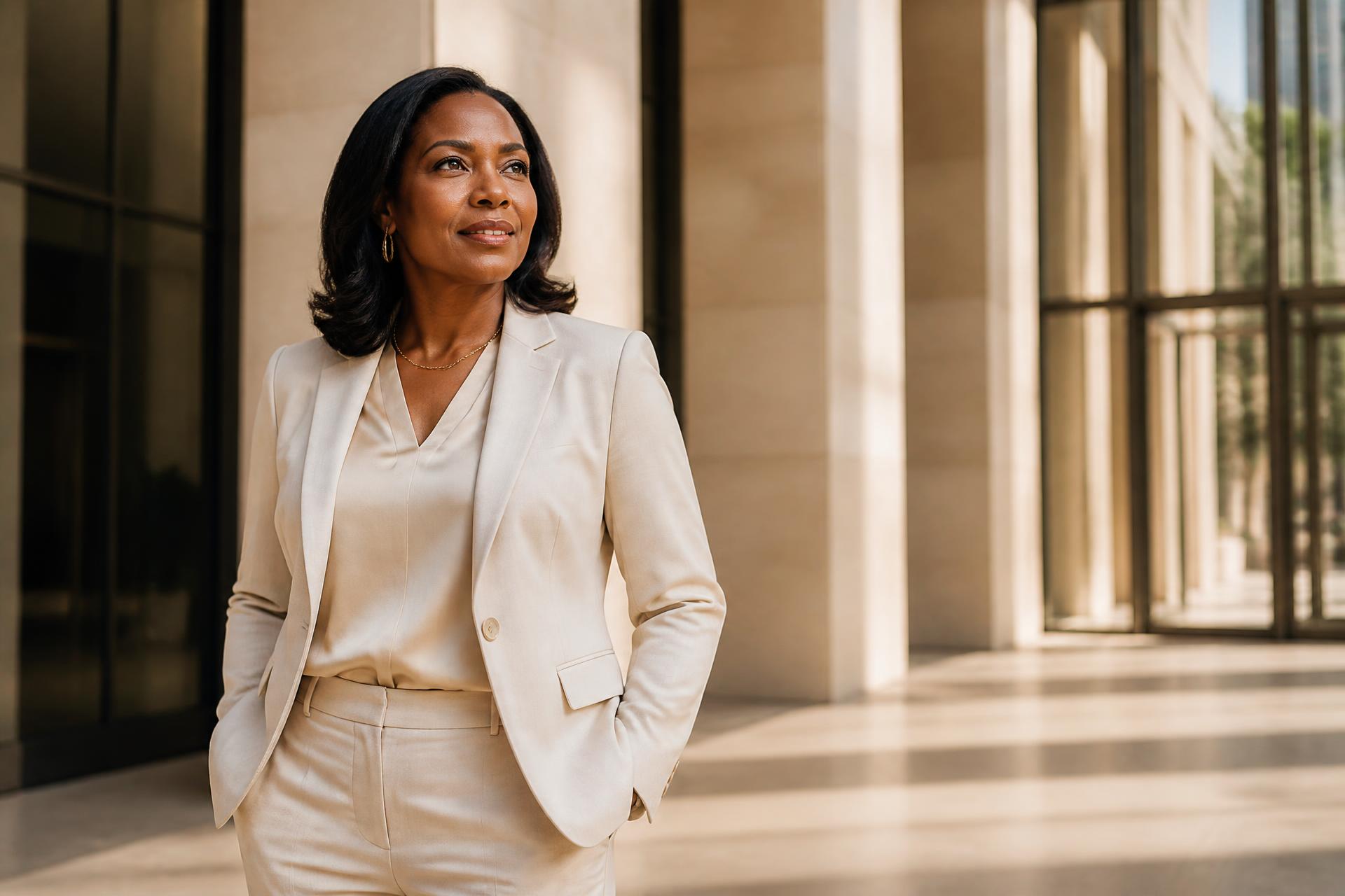 Executive leader standing in a sunlit architectural atrium